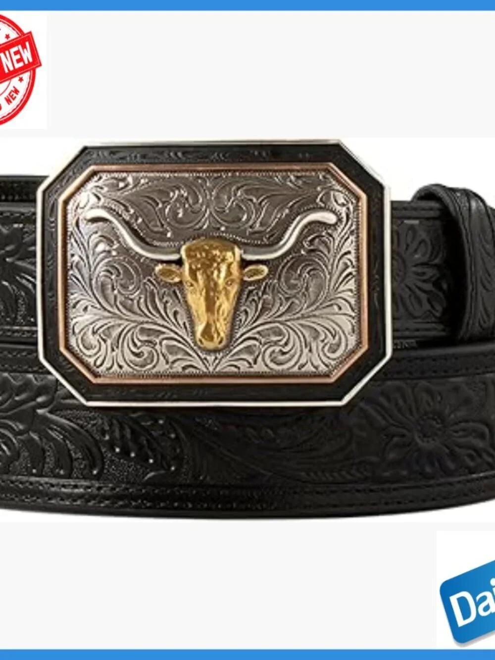 Men's Genuine Leather Western Belt with Ornamental Buckle, Size 38